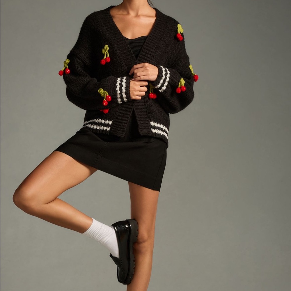 Maeve 3D Fruit Varsity Cardigan Sweater